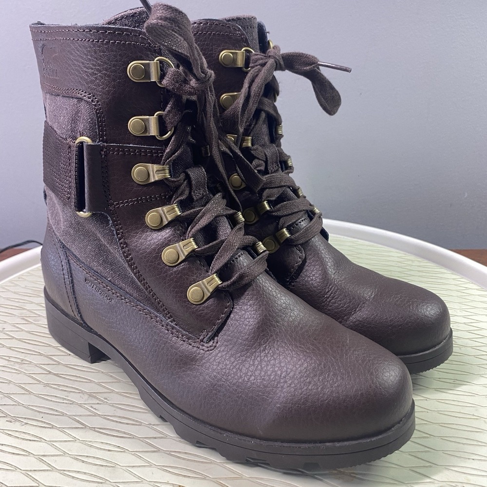 SOREL Emelie Conquest Women Leather Waterproof‎ Combat Biker Boots Burgundy Sz.5